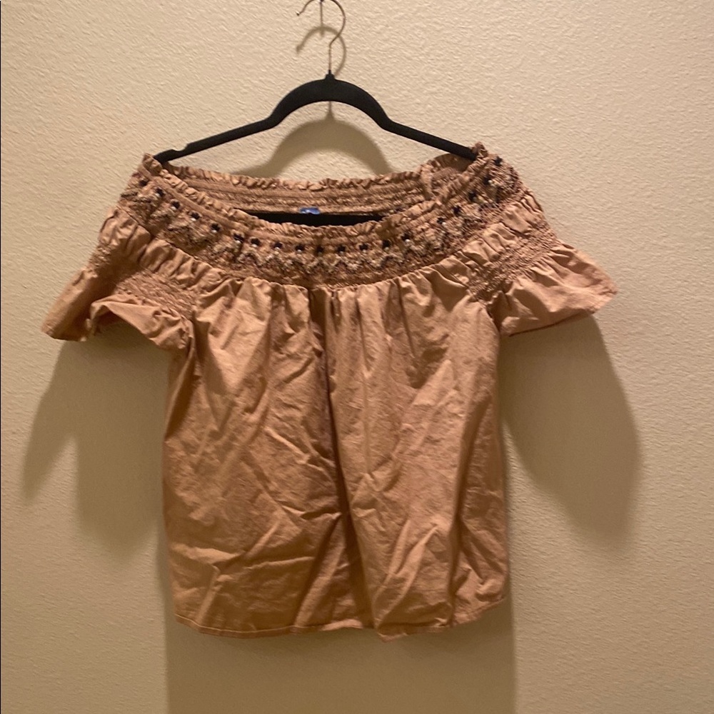 Gold and Tan Blouse with Flutter Sleeves and Smocked Ruffles